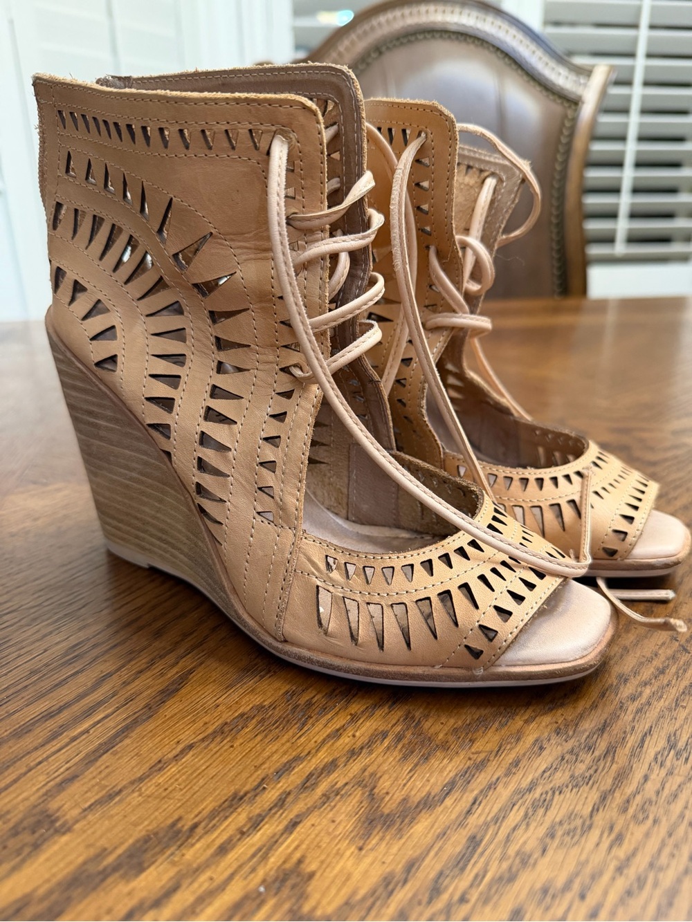 Lace-Up Cutout Wedge Sandals in Tan